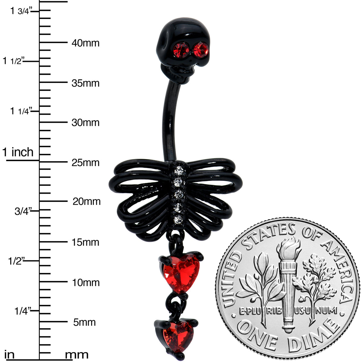 Red CZ Gem Black Skeleton Hearts Gothic Dangle Belly Ring