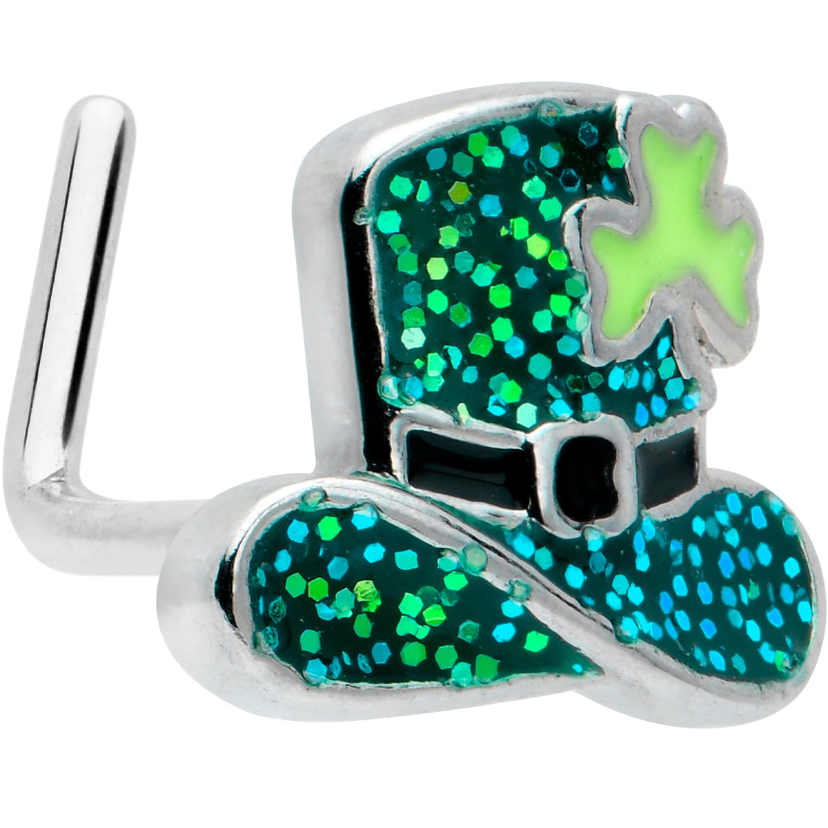 20G 7mm Glitter Top Hat Shamrock St Patricks L Shape Nose Ring