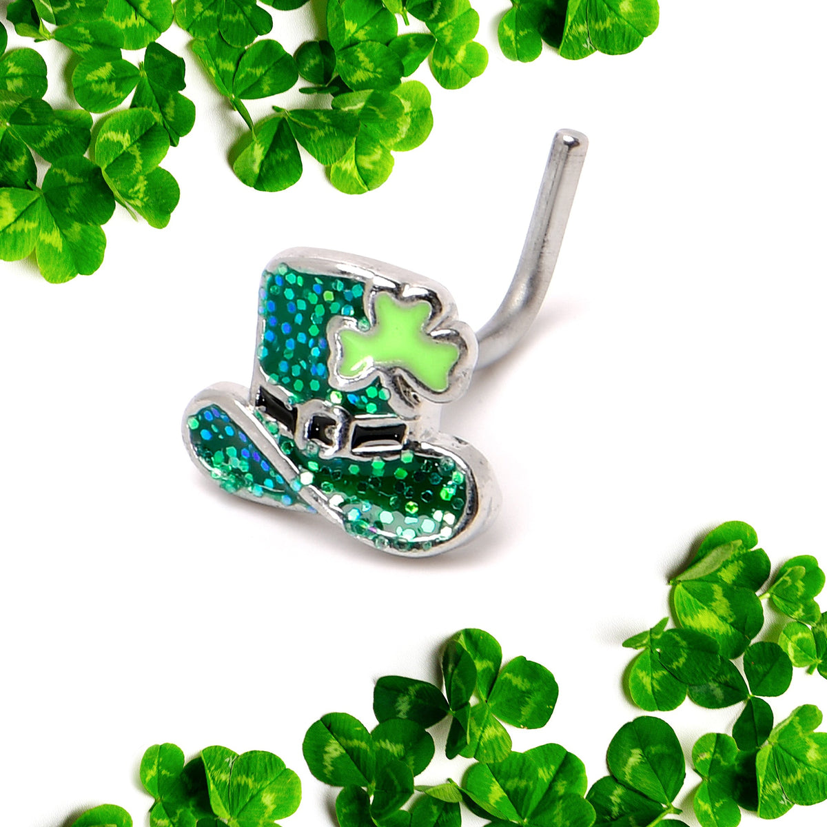20G 7mm Glitter Top Hat Shamrock St Patricks L Shape Nose Ring