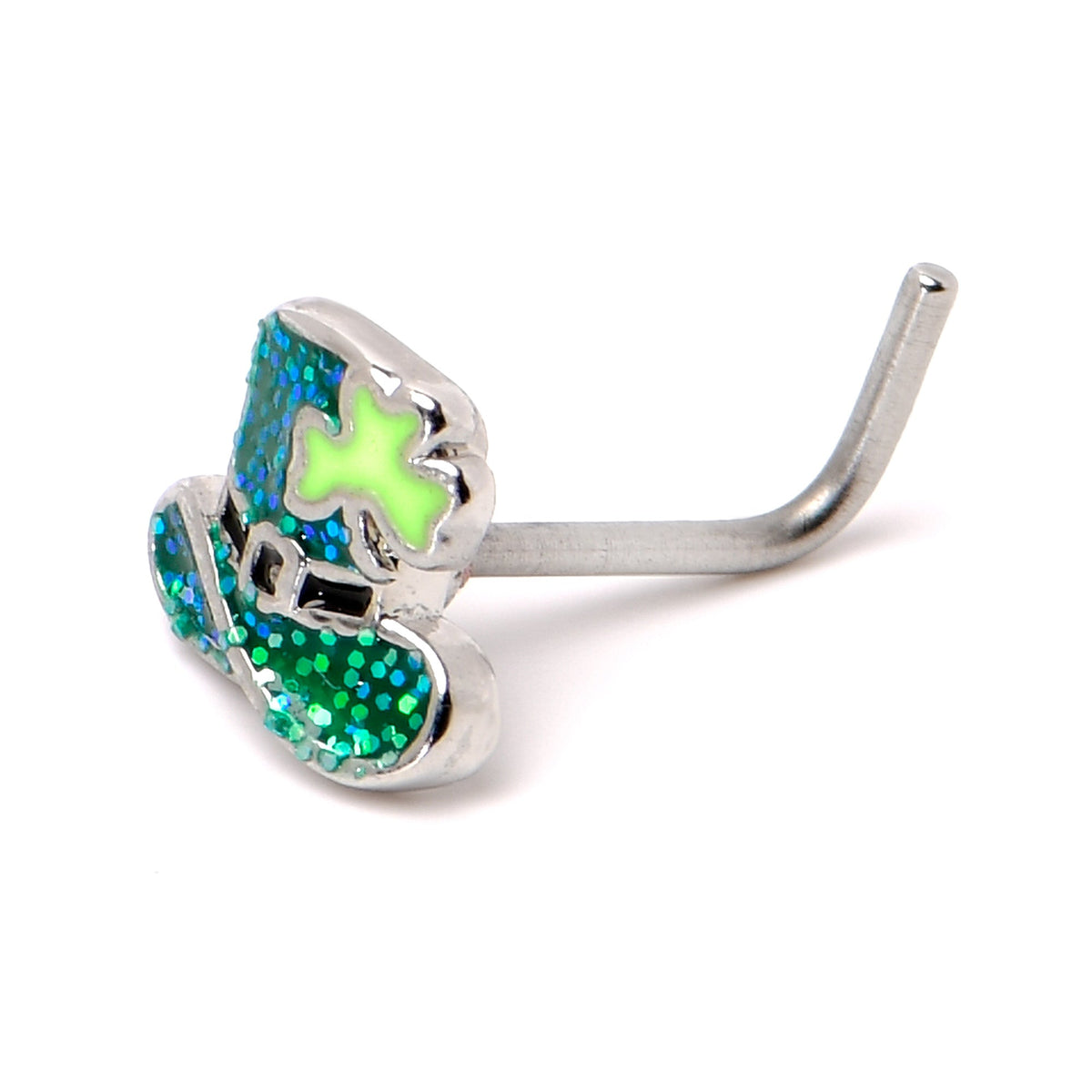 20G 7mm Glitter Top Hat Shamrock St Patricks L Shape Nose Ring