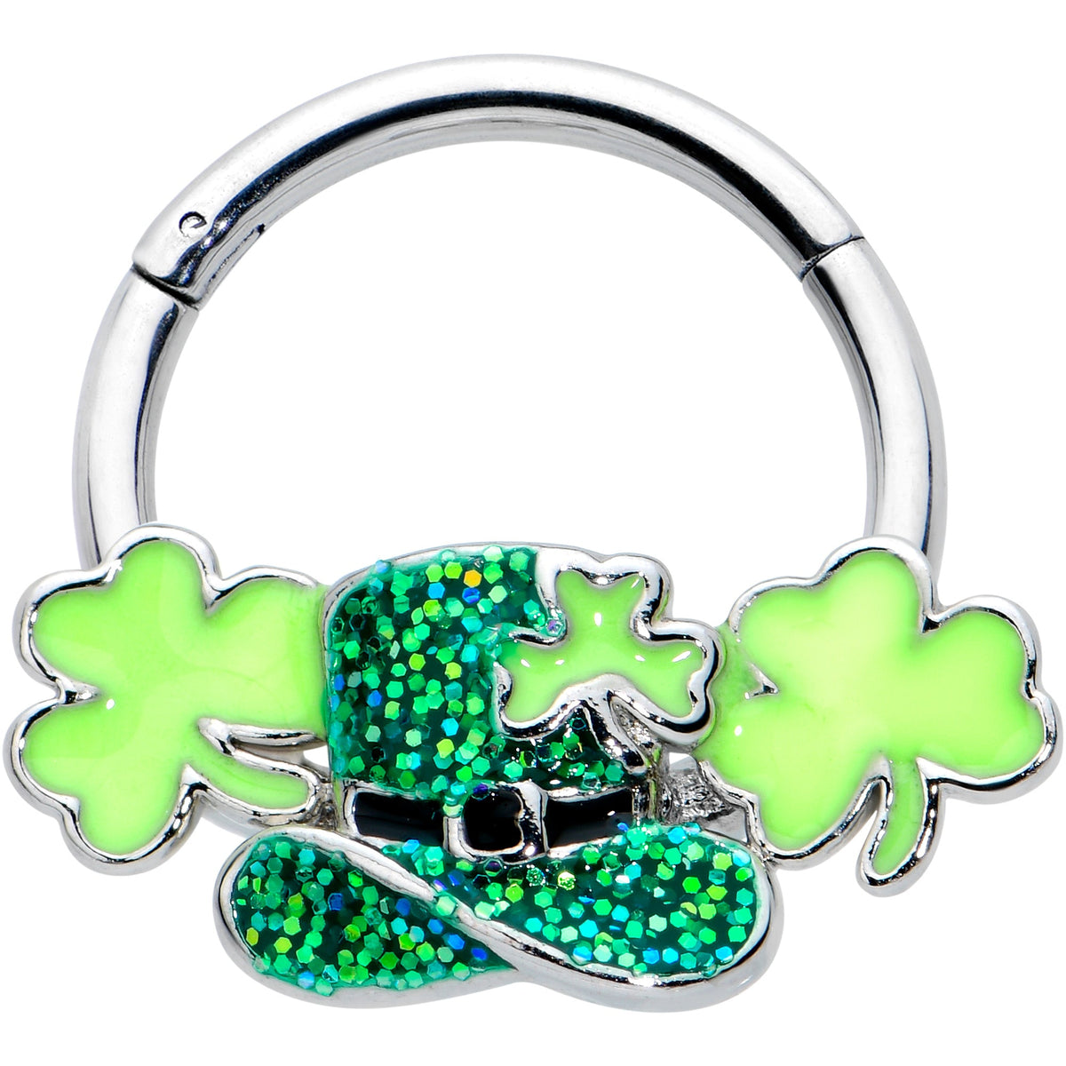 16G 3/8 Glitter Top Hat Shamrocks St Patricks Hinged Segment Ring