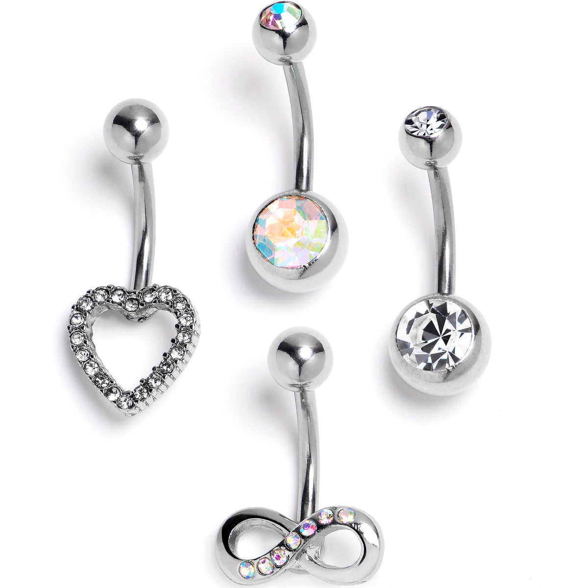 Clear Aurora Gem Heart Infinity Belly Ring Set of 4