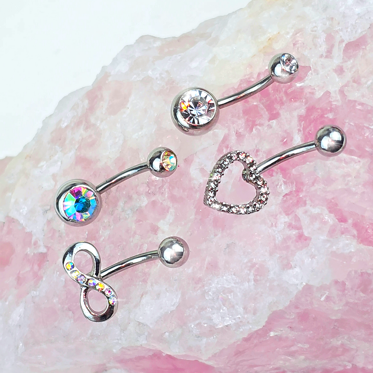Clear Aurora Gem Heart Infinity Belly Ring Set of 4