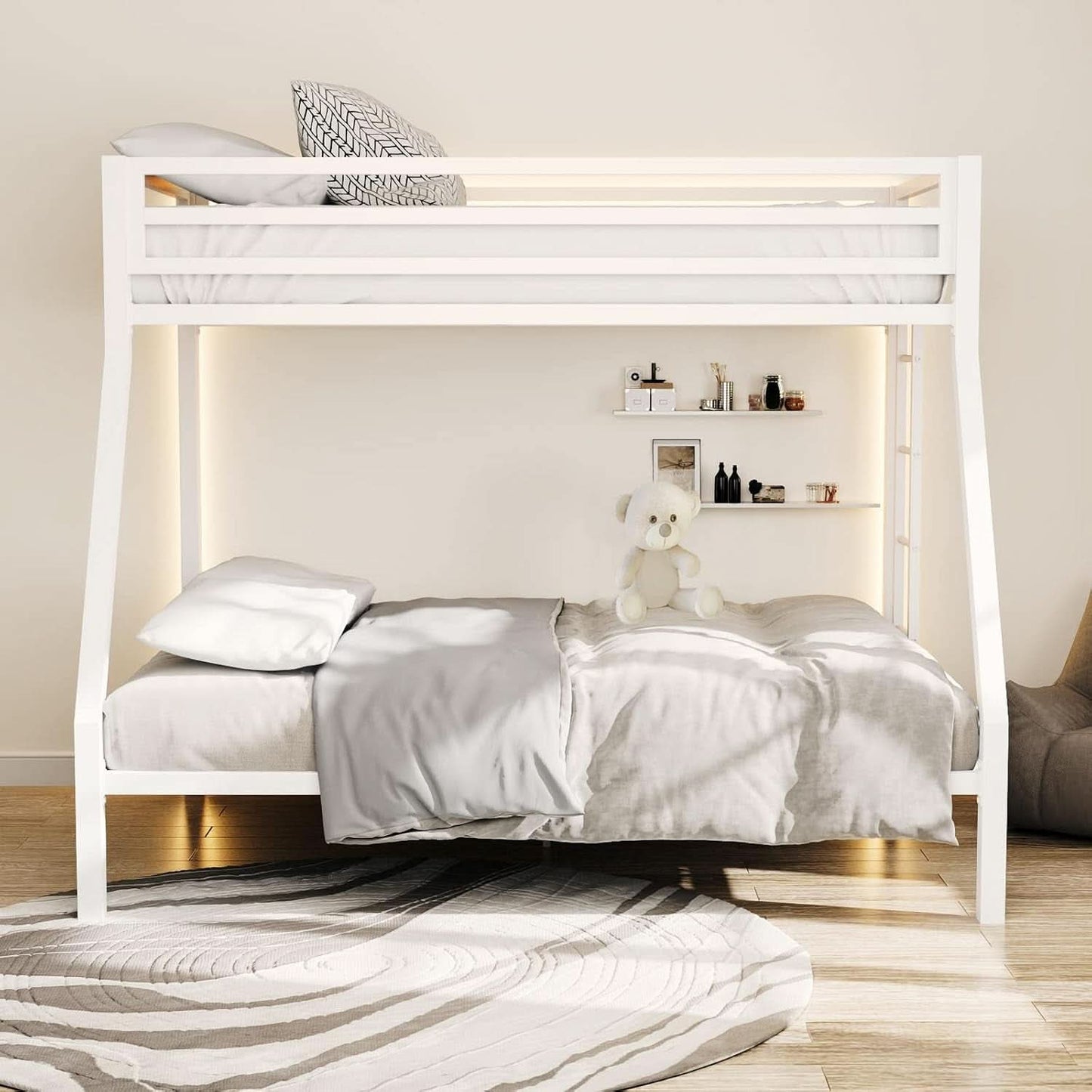 Metal Loft Bunk Bed Twin Over Full Size With Guardrail And Ladder Cream White