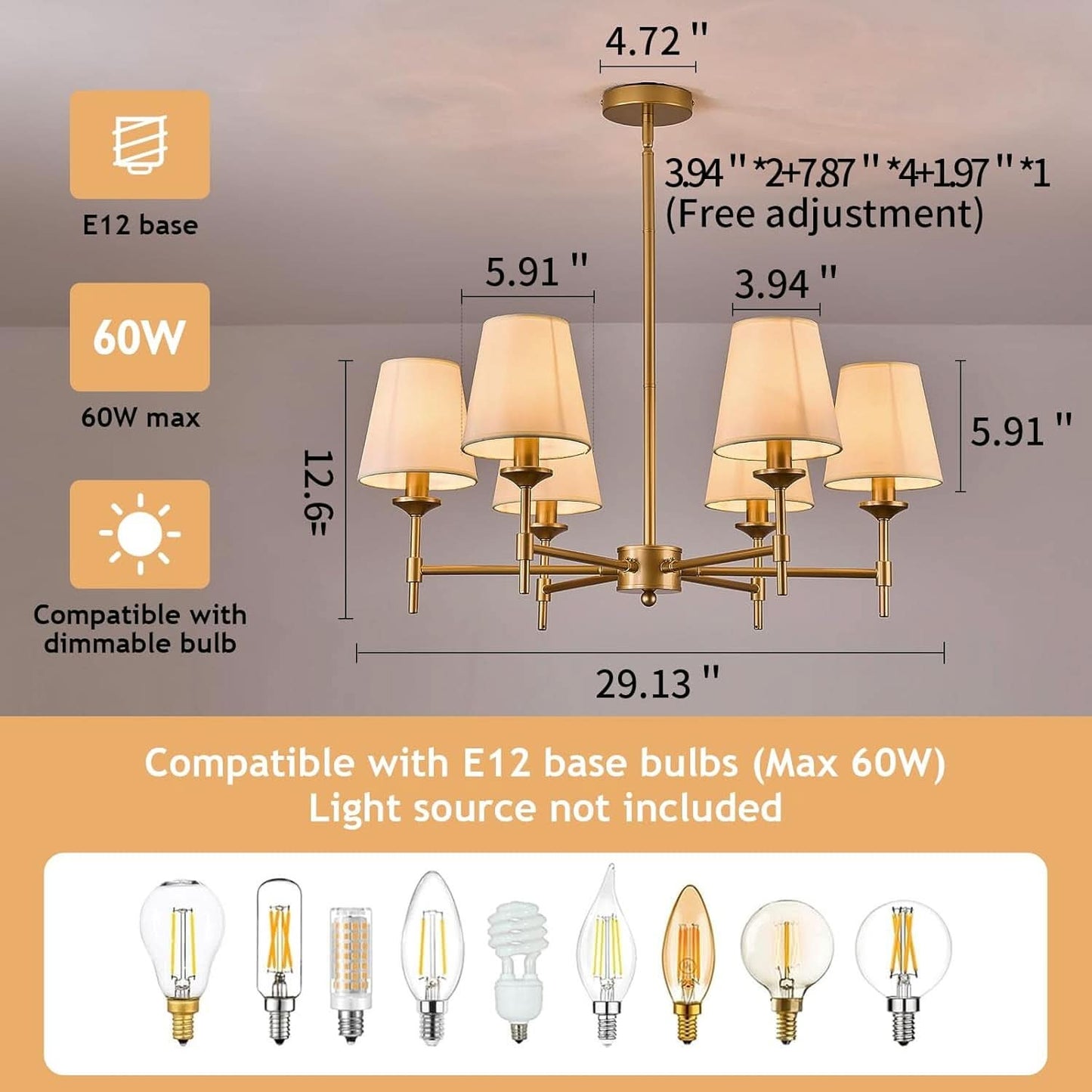 Gold Farmhouse Chandelier 6 Light Linen Shade Fixture