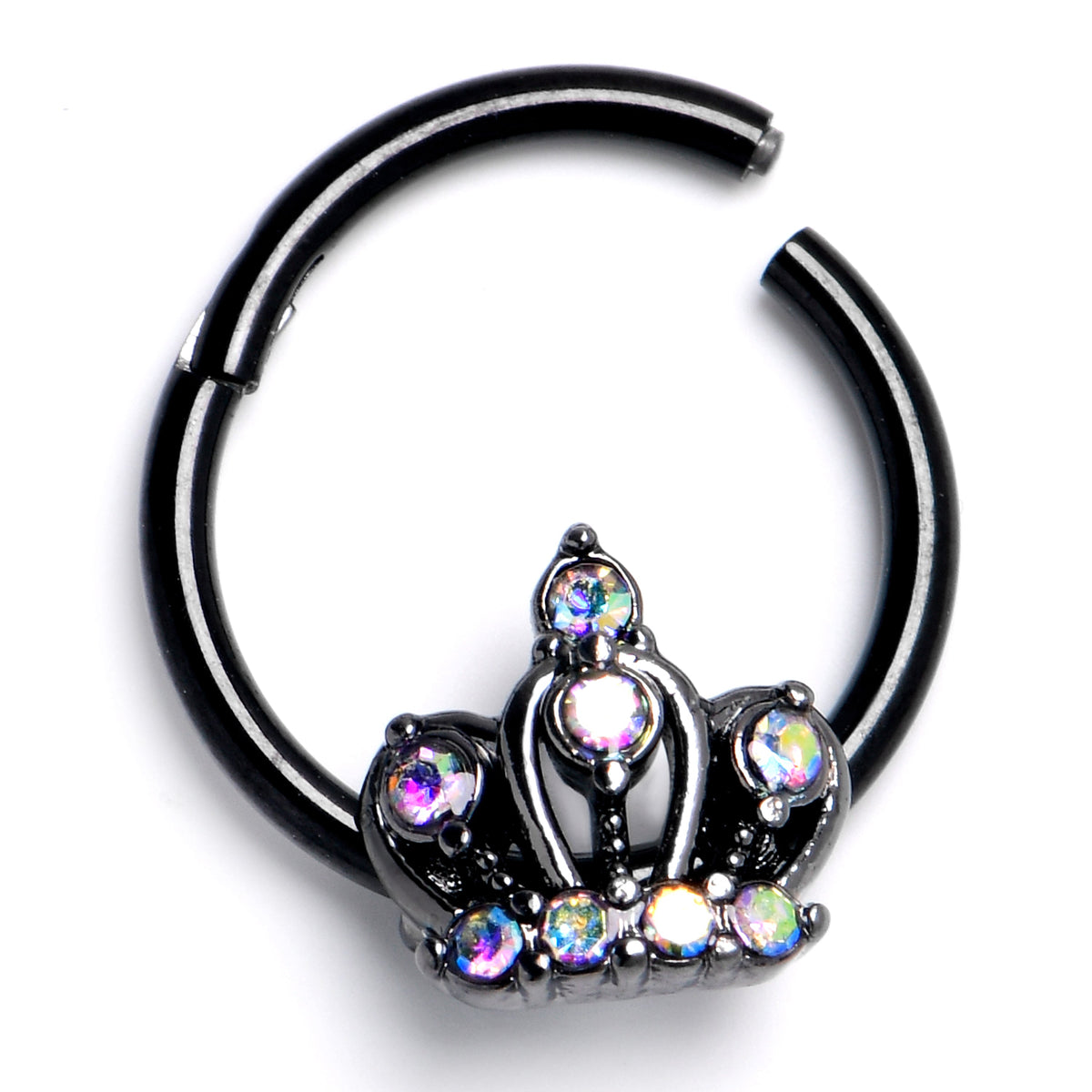 16G 3/8 Aurora CZ Gem Black Epic Crown Hinged Segment Ring