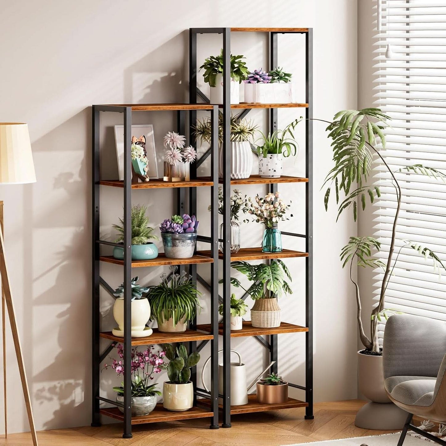 Tall Industrial Bookcase 6 Tier Rustic Brown Storage