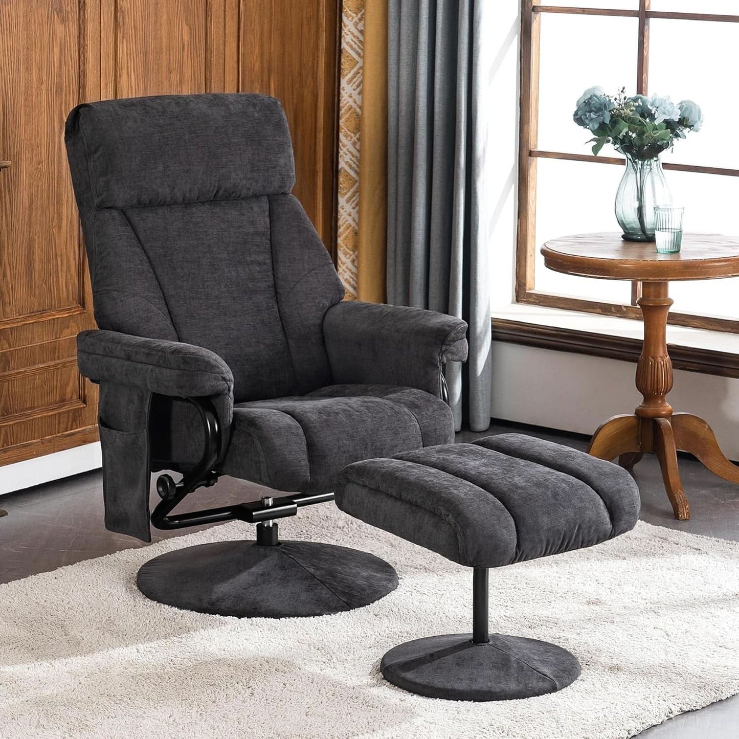 Dark Grey Swivel Recliner With Ottoman Vibration Massage