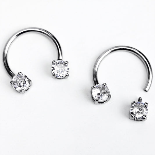 14G 9/16 Clear Gem Round Internally Threaded Horseshoe Nipple Ring Set