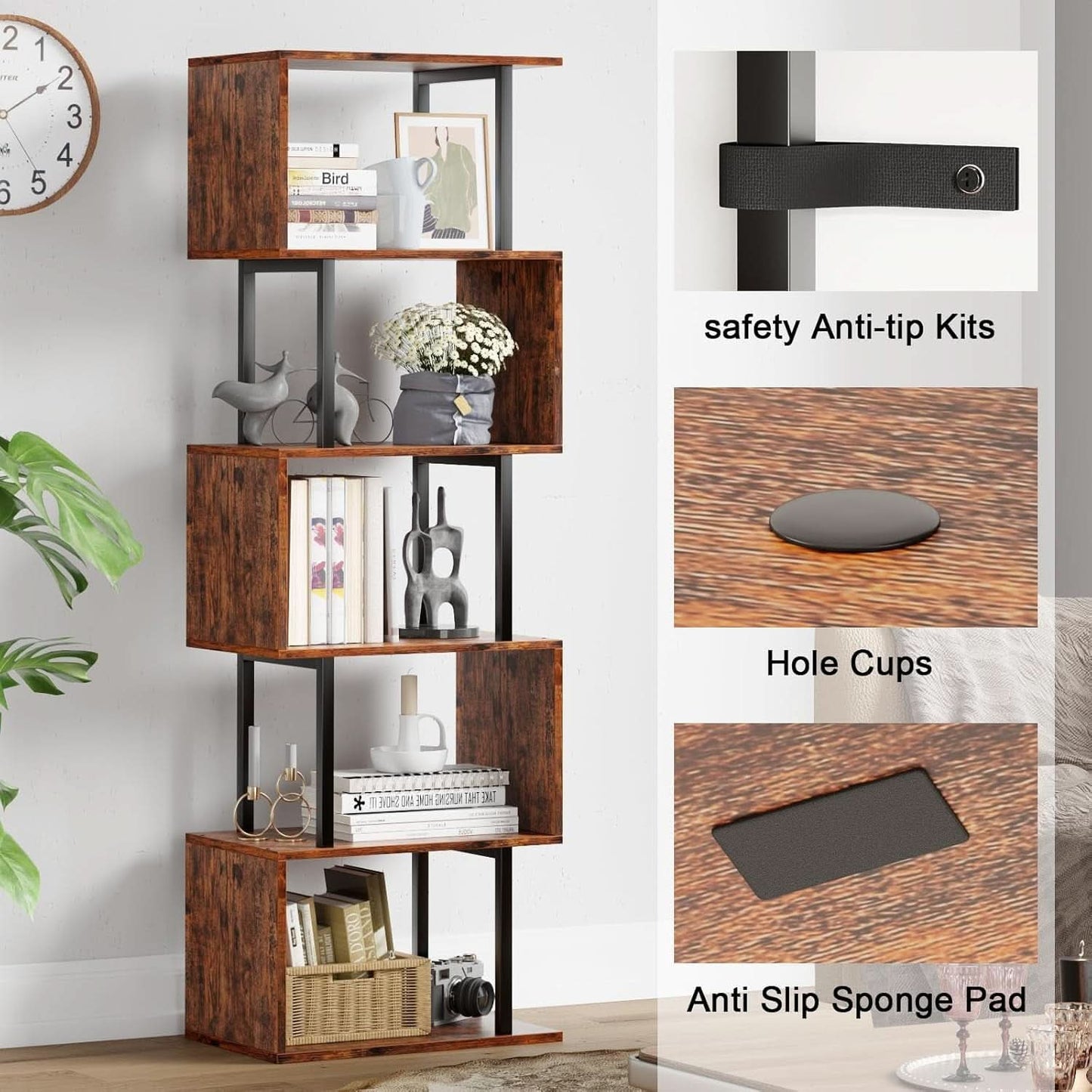 S Shaped 6 Tier Bookshelf Wood And Metal Room Divider