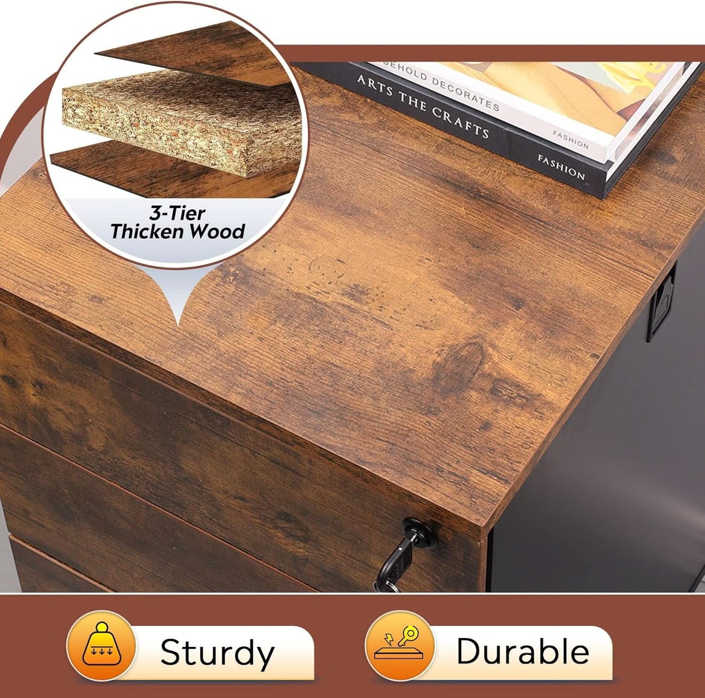 3 Drawer Rolling File Cabinet With Lock For Home Office Organization And Secure Document Storage