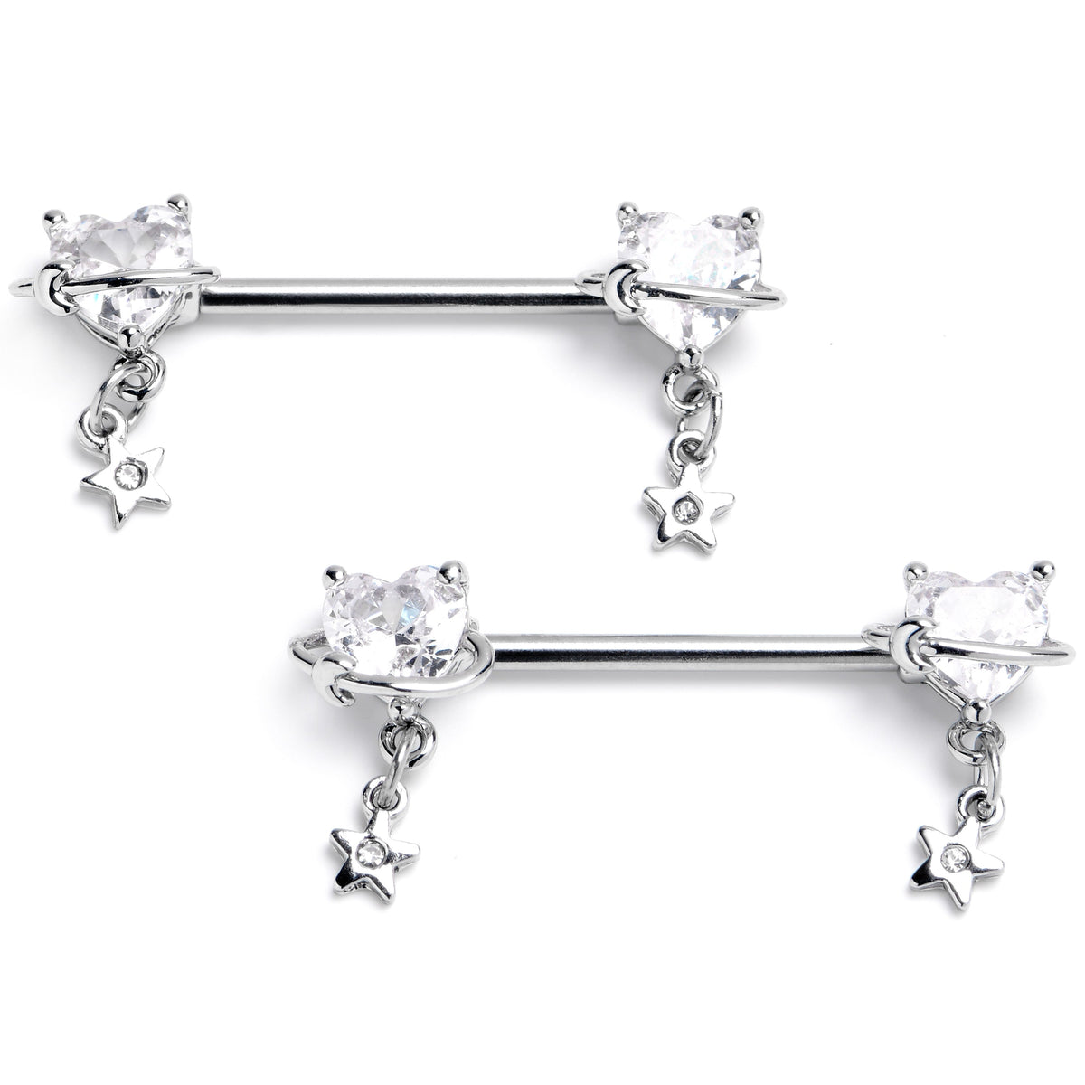 14G 9/16 Clear CZ Heart Starry Saturn Dangle Nipple Ring Set