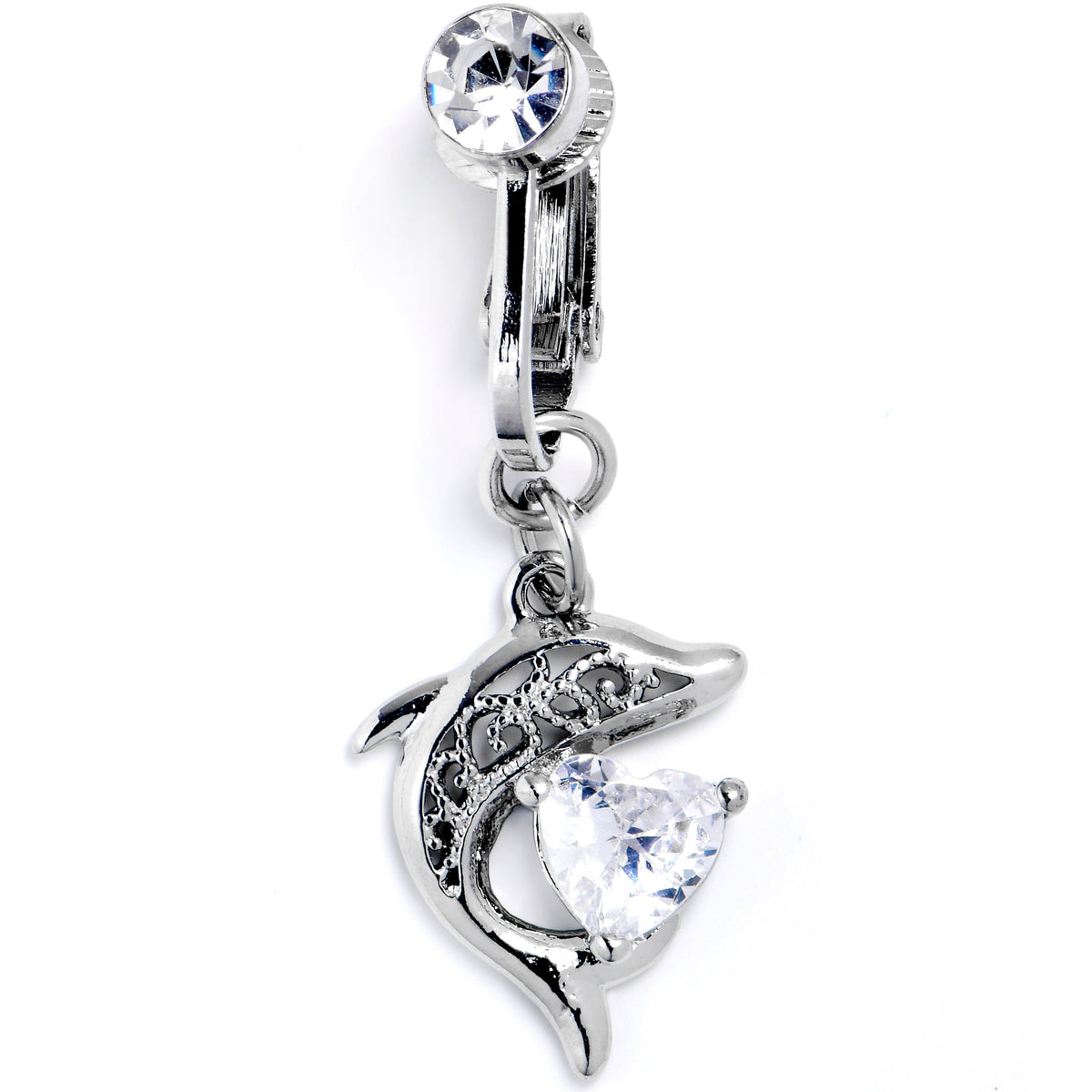 Clear CZ Gem Dolphin Glam Dangle Clip on Fake Belly Ring