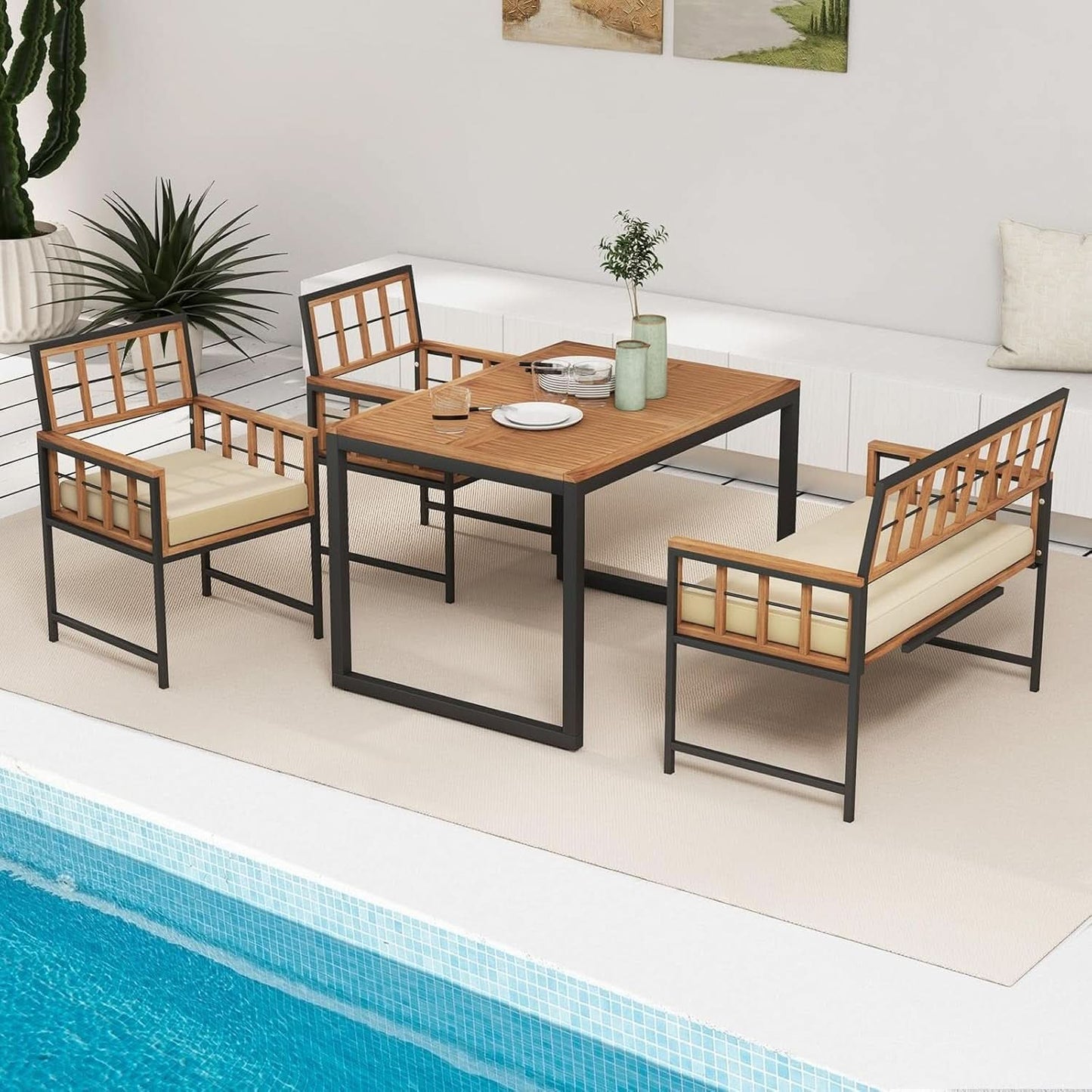 4 Piece Patio Dining Set With 47 Inch Acacia Table