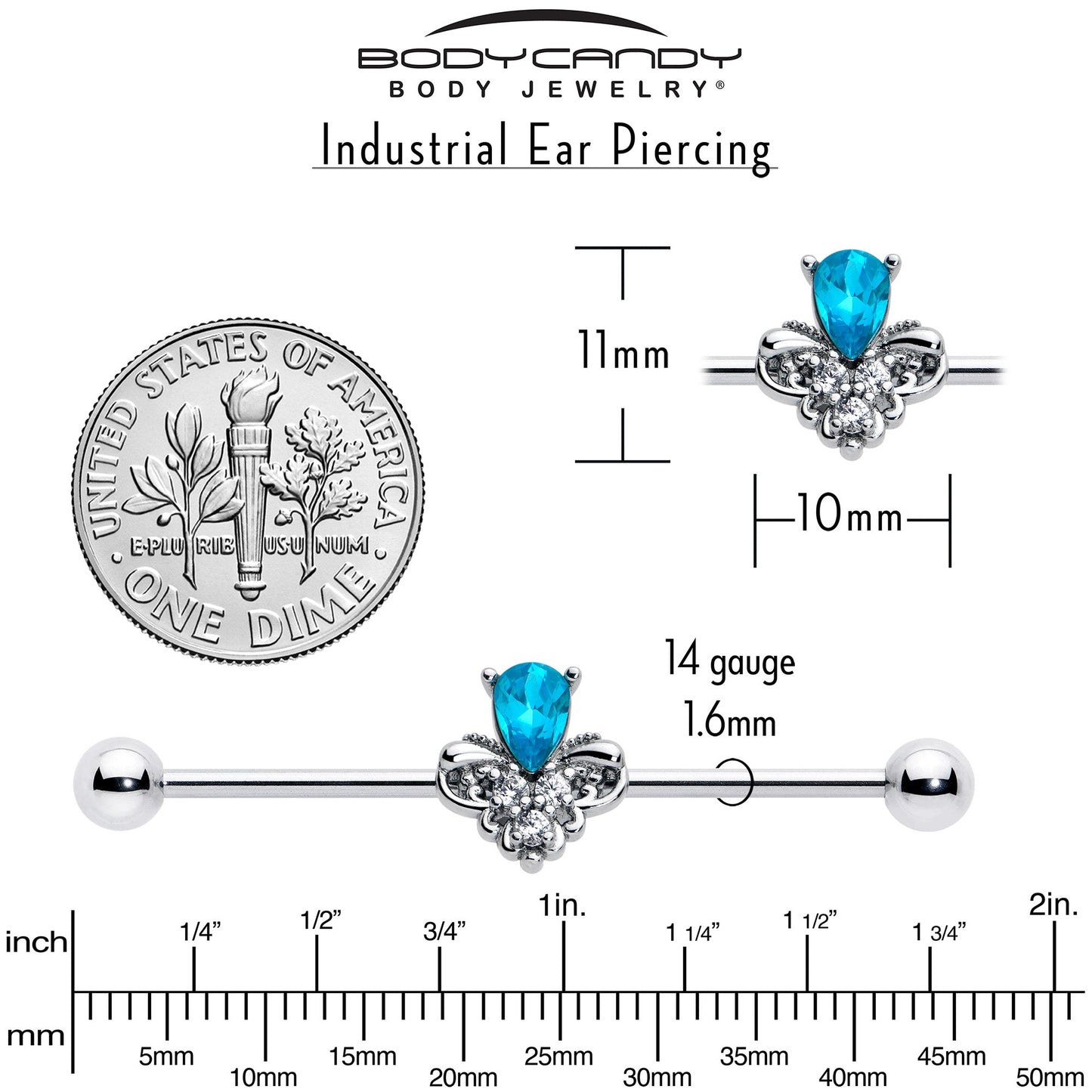 14G Blue Gem Style Simplicity Industrial Barbell 38mm