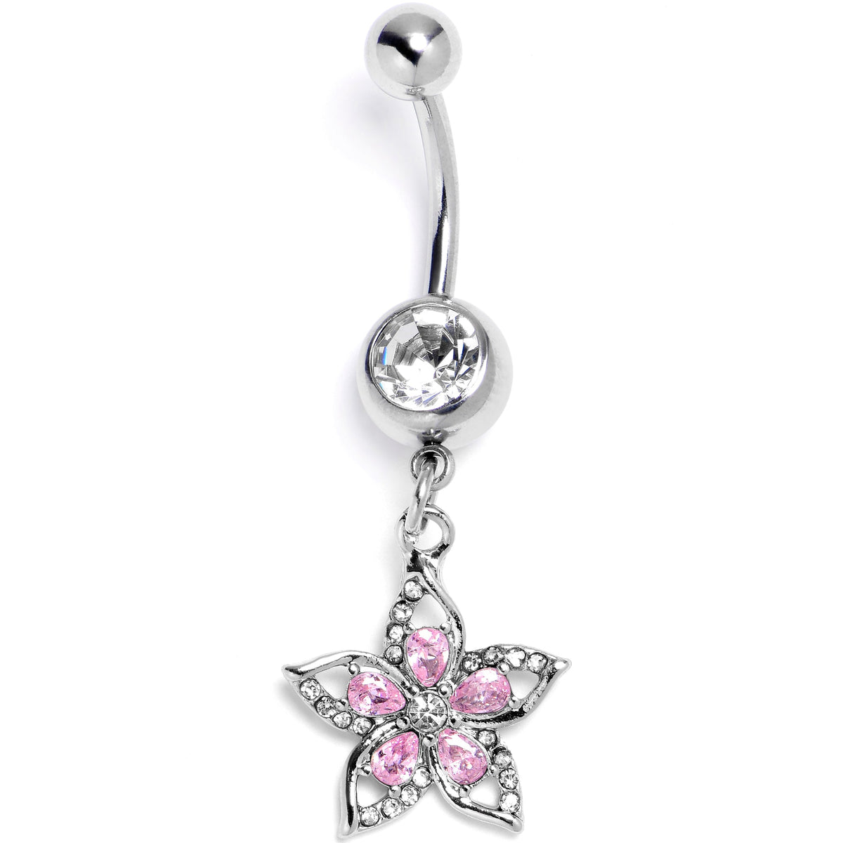 Pink Clear Gem Double Flower Glam Dangle Belly Ring