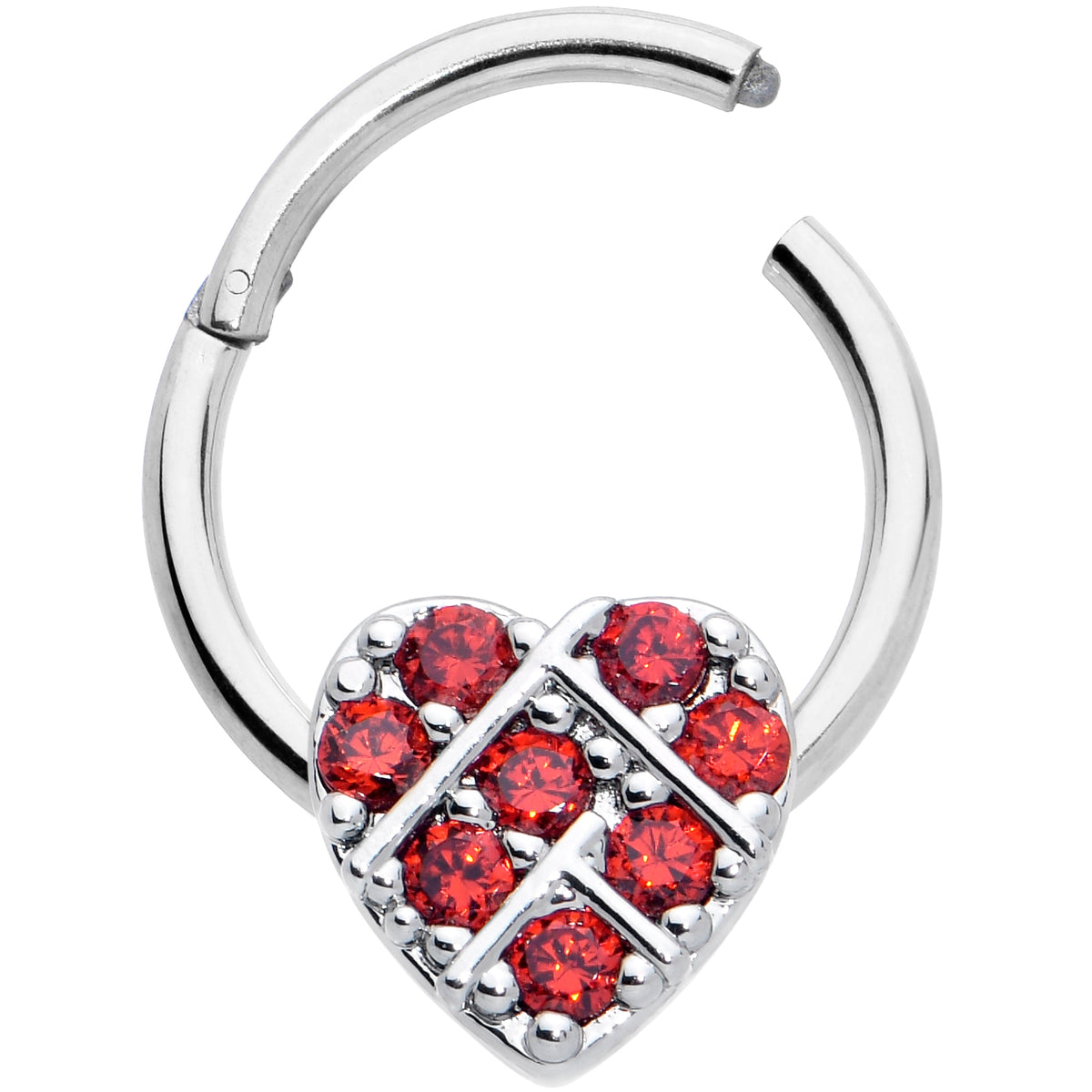 16G 3/8 Red CZ Gem Lattice Heart Hinged Segment Ring