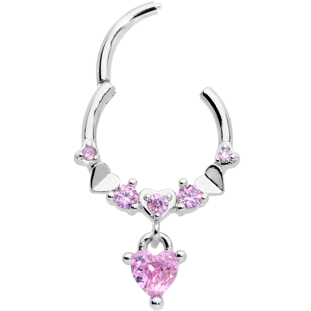 16G 3/8 Pink CZ Gem Love Heart Dangle Hinged Segment Ring