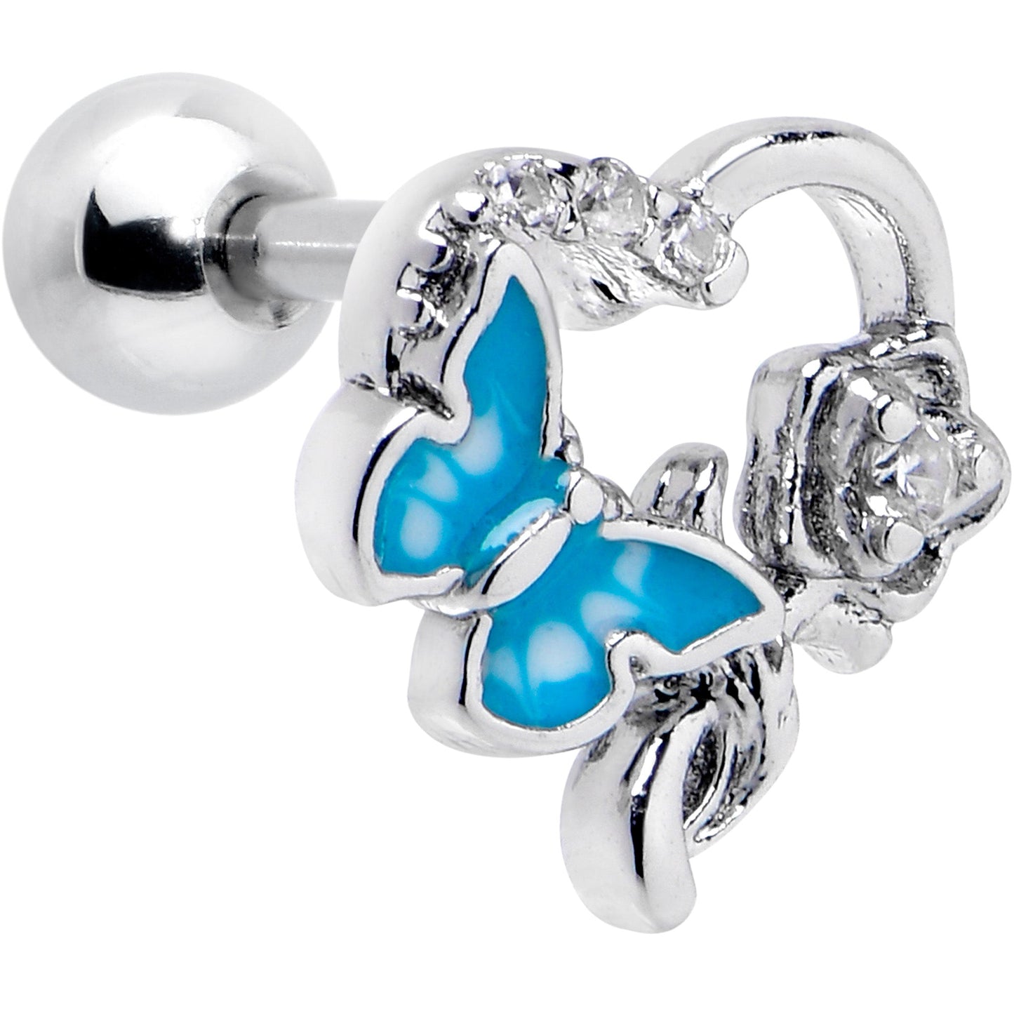 16G 1/4 Clear CZ Gem Butterfly Rose Blue Cartilage Tragus Stud