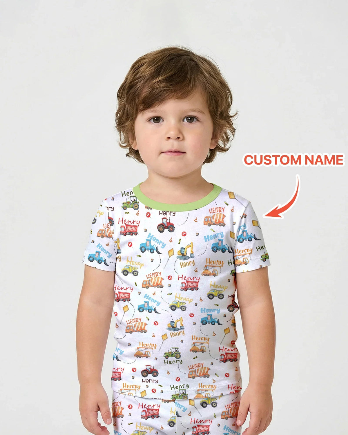 Construction Vehicles Custom Name Two Piece Short Sleeve Shorts Pajama Set