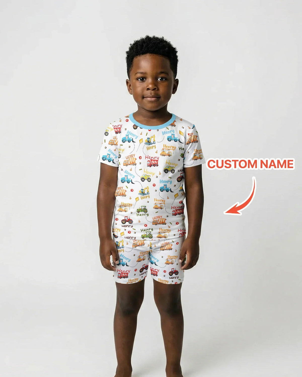 Construction Vehicles Custom Name Two Piece Short Sleeve Shorts Pajama Set