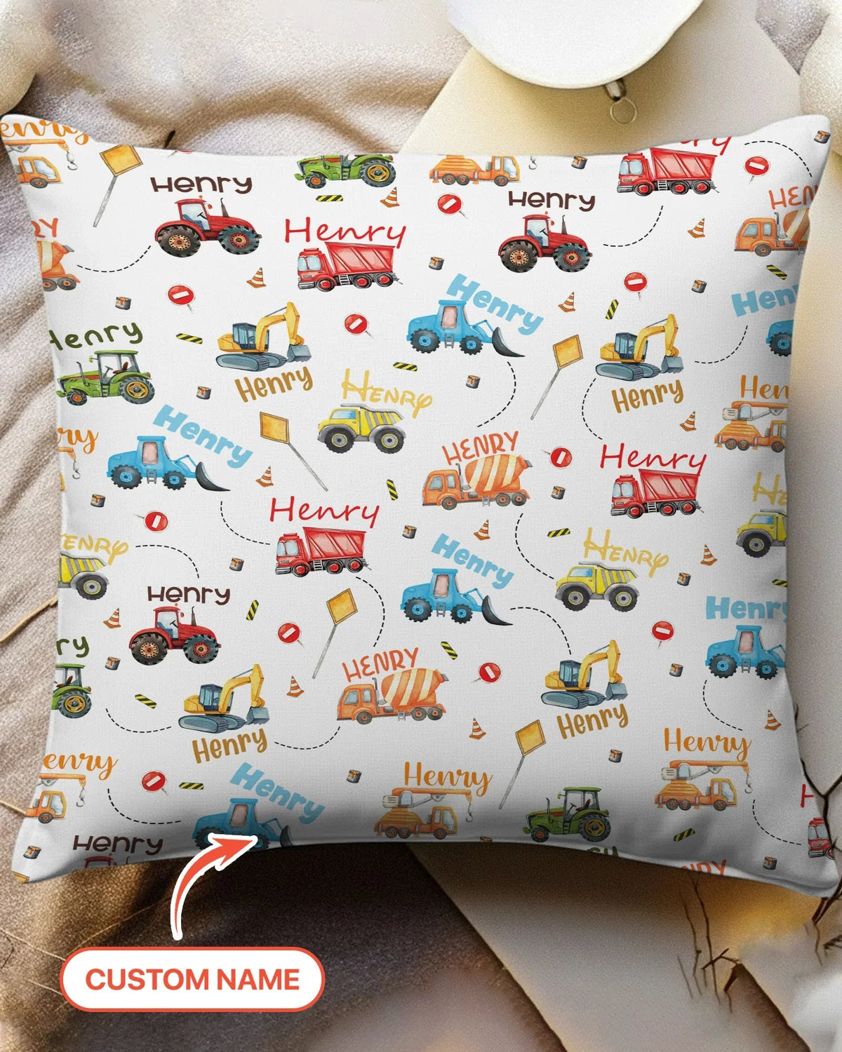 Construction Vehicles Custom Name Pillow Case