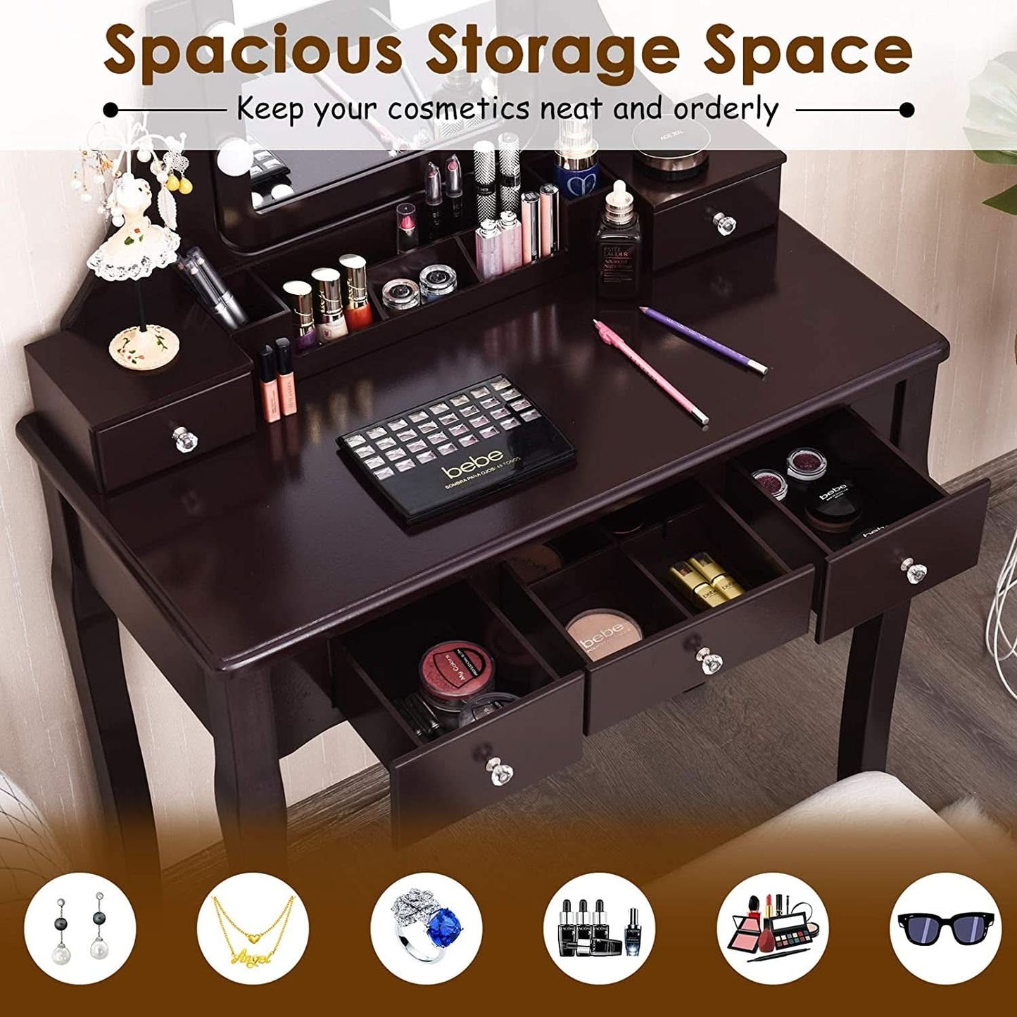 Brown Vanity Table Set With 10 LED Lights For Bedroom