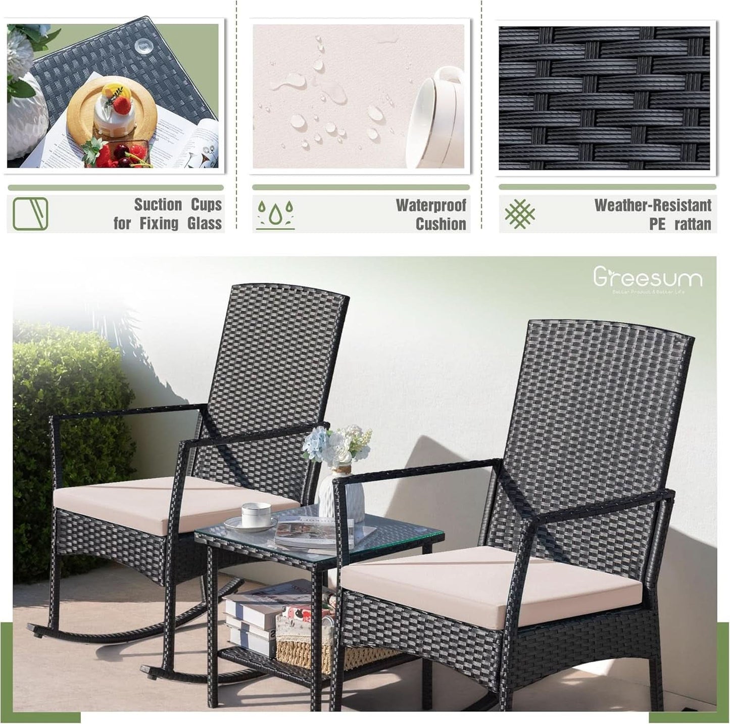 Three Piece Patio Furniture Set Outdoor Wicker Rocking Chairs With Glass Coffee Table Beige