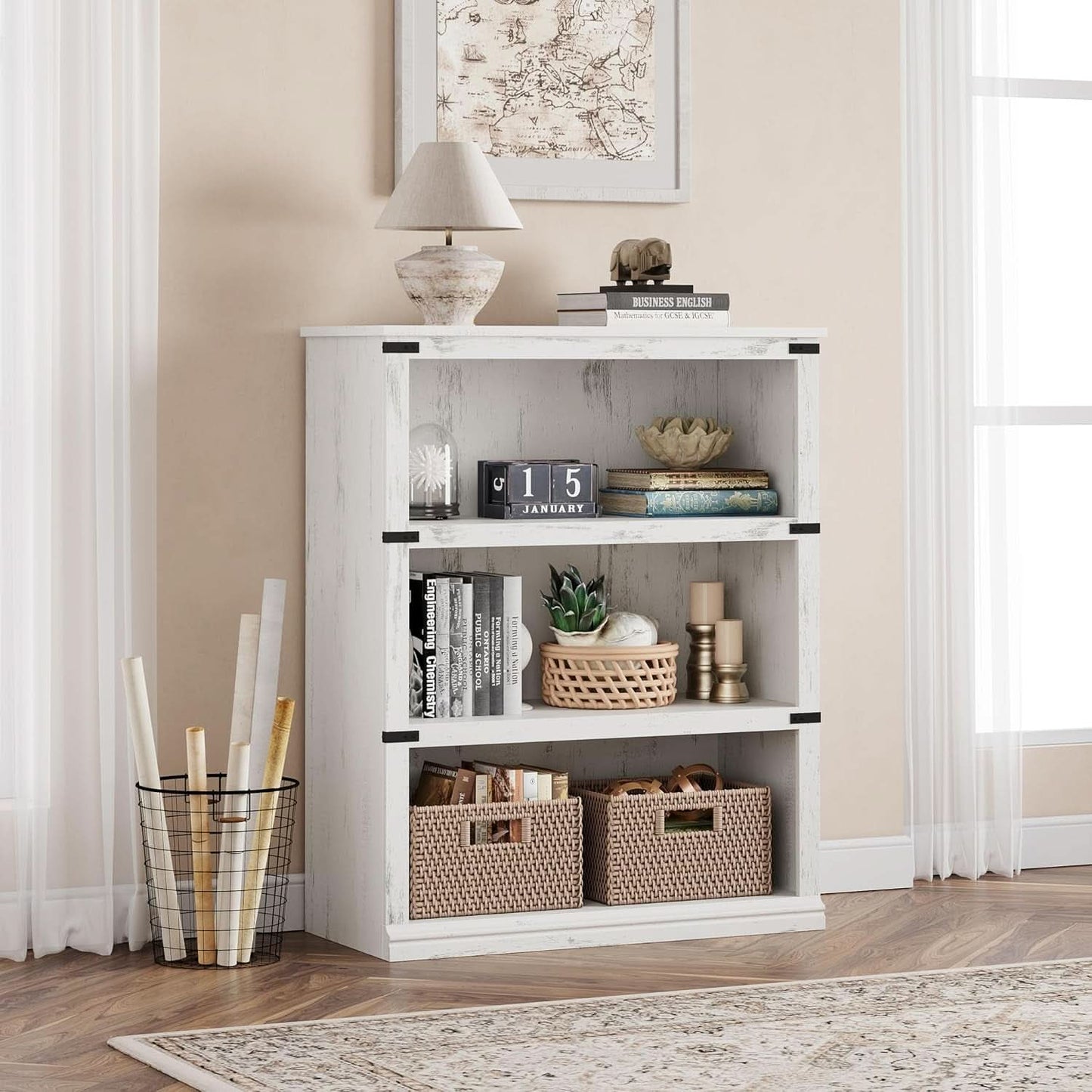 3 Tier Farmhouse Wood Bookcase With Storage White 40 Inch High 31.5 Inch Wide For Living Room And Home Office