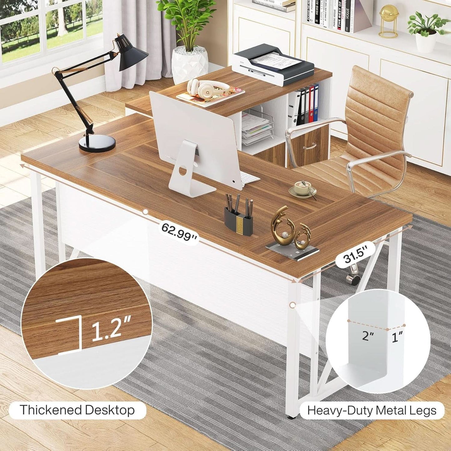 63 Inch L Desk With File Cabinet Walnut White Finish