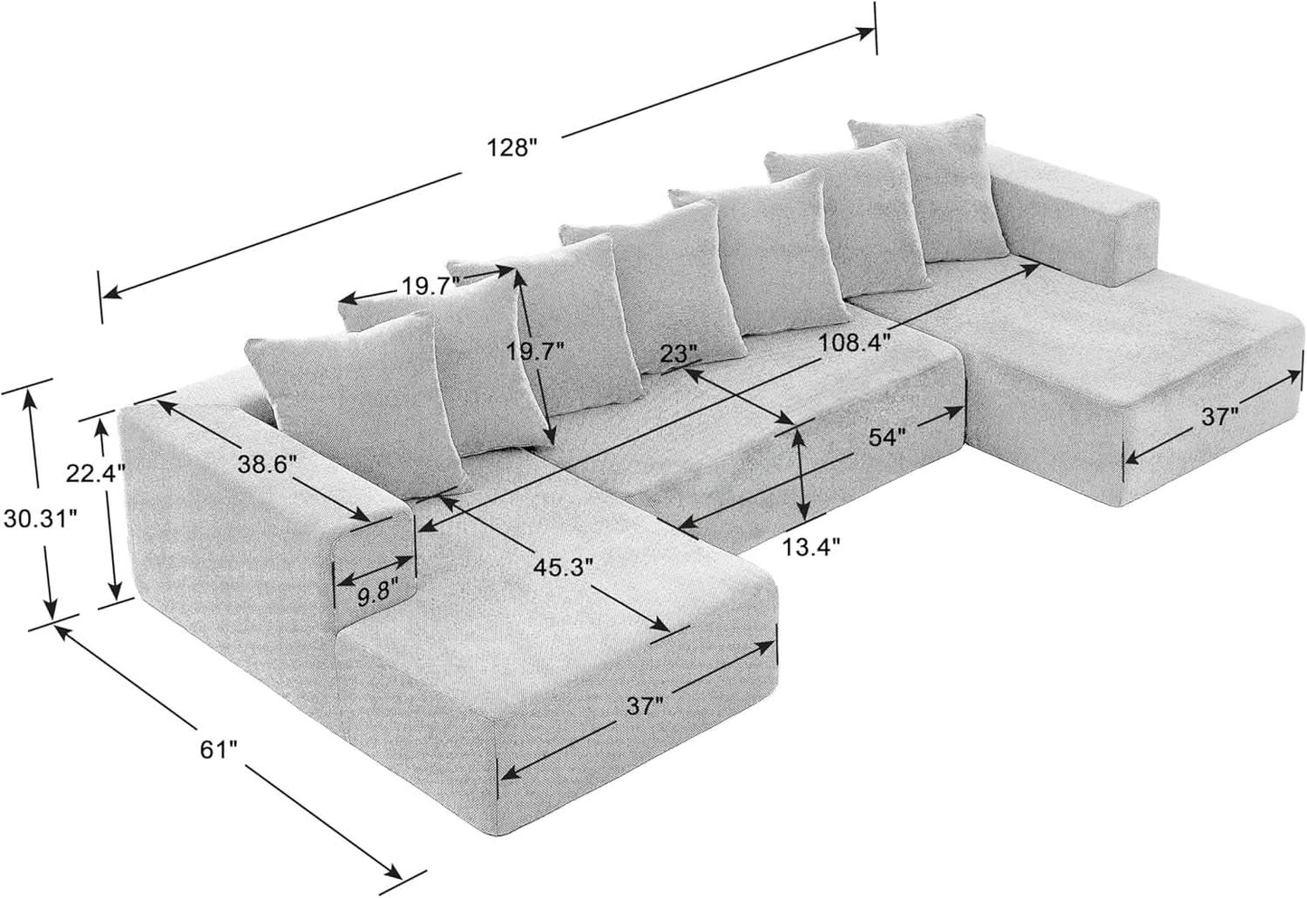 U Shaped Modular Sectional Sofa 6 Seater Grey Chenille