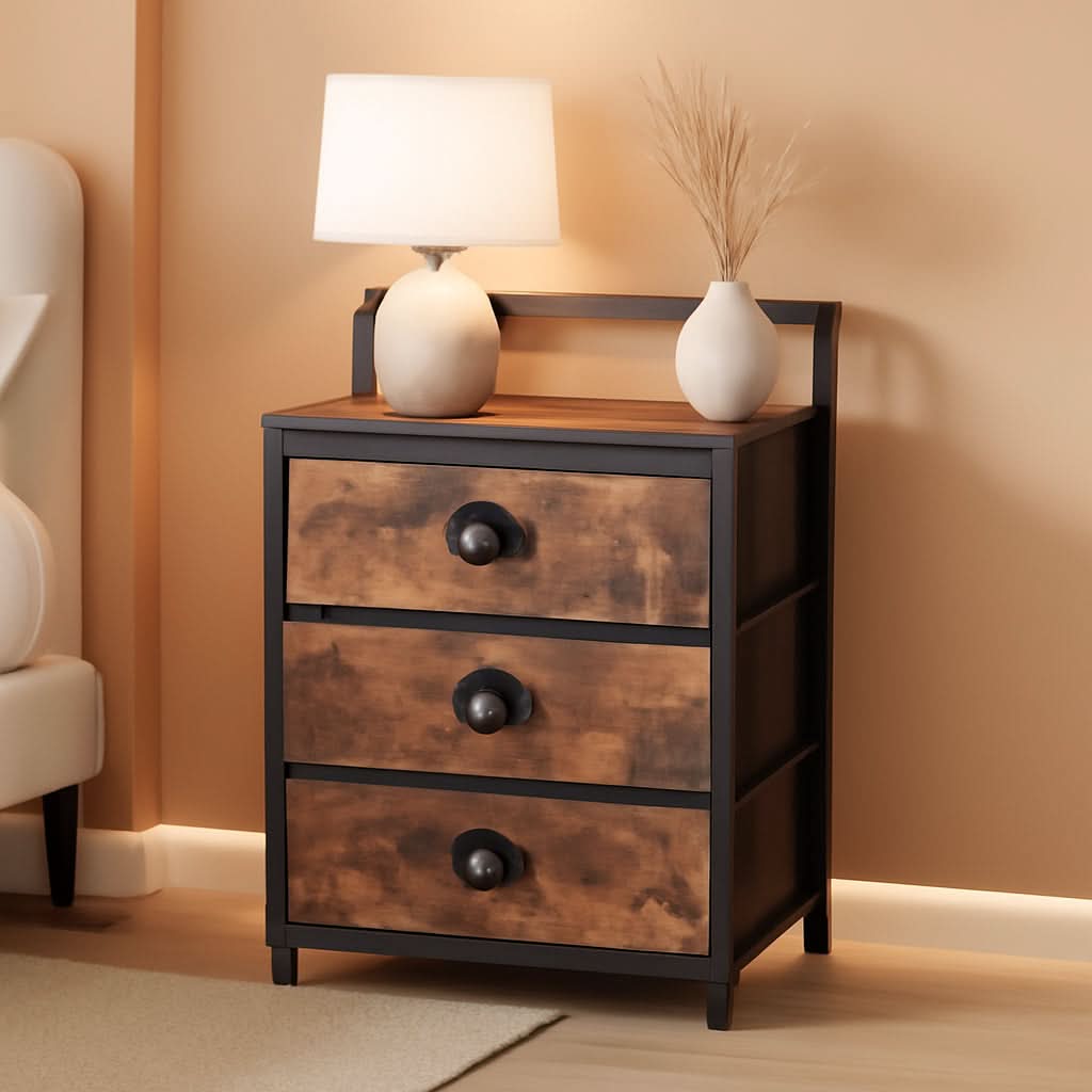 3-Drawer Nightstand With 2-Tier Shelf And Wood Top Bedroom
