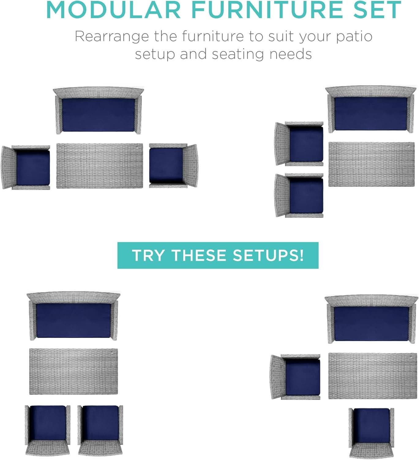 4 Piece Gray Navy Wicker Patio Conversation Set With Coffee Table
