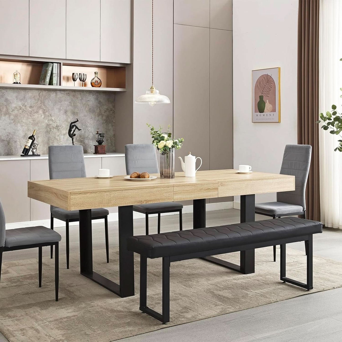 63-79 Inch Extendable Dining Table Rustic Oak Finish