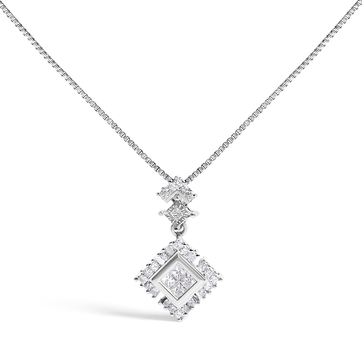 10K White Gold 1/2 Cttw Princess Cut Rhombus Drop Pendant Necklace