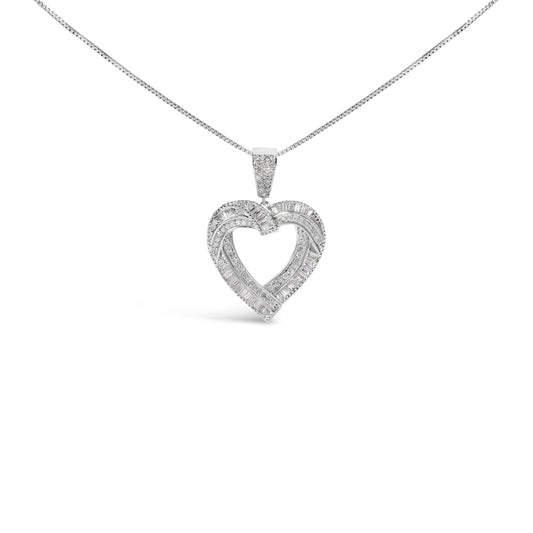 .925 Sterling Silver 1.00 Cttw Baguette and Round Diamond Open Heart Pendant Necklace