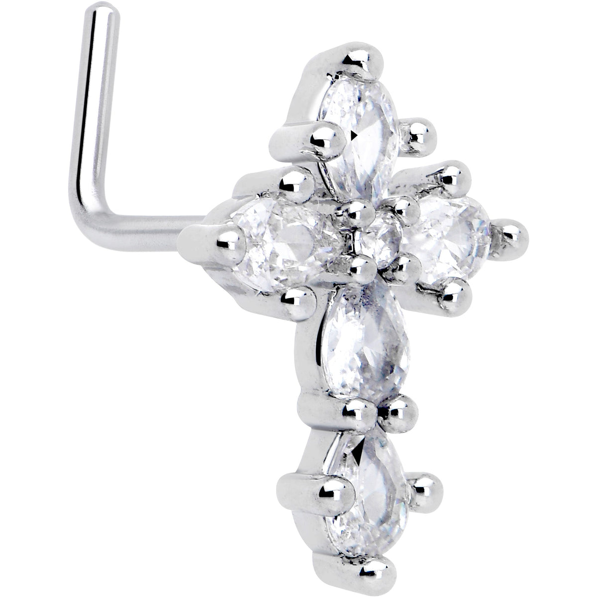 20G 7mm Clear CZ Gem Cross Dangle L Shape Nose Ring
