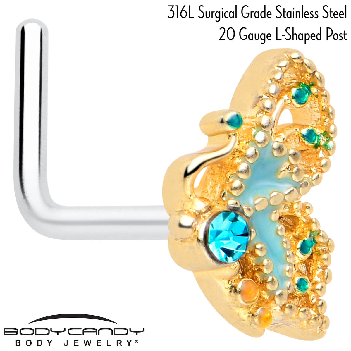 20G 7mm Blue Gem Ribbon Butterfly L Shape Nose Ring