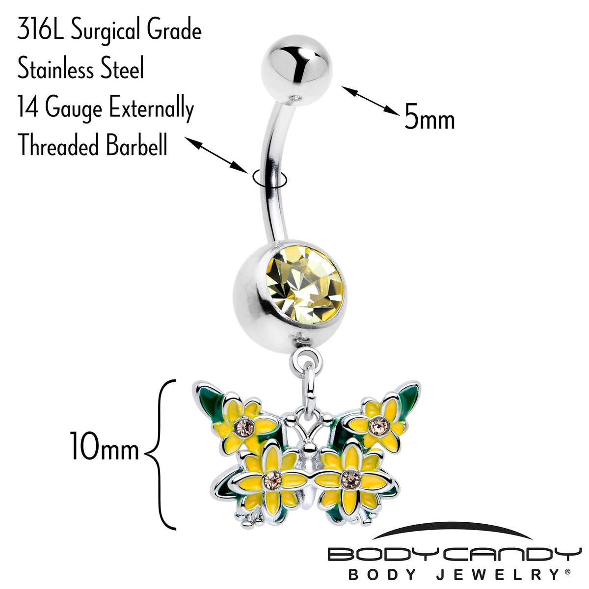 Yellow CZ Gem Blooming Butterfly Dangle Belly Ring