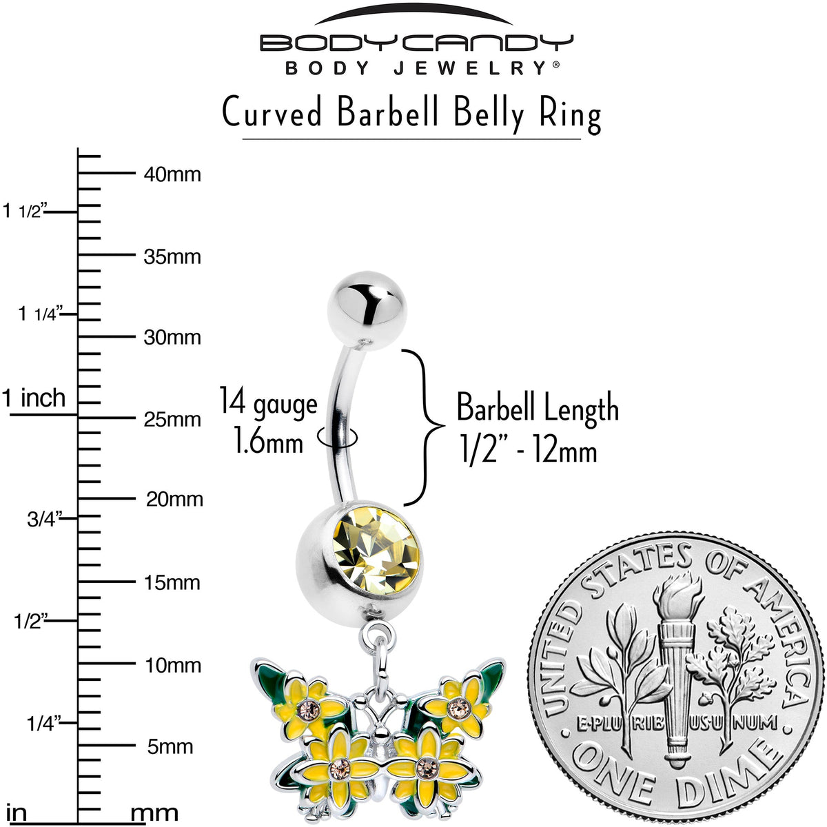Yellow CZ Gem Blooming Butterfly Dangle Belly Ring