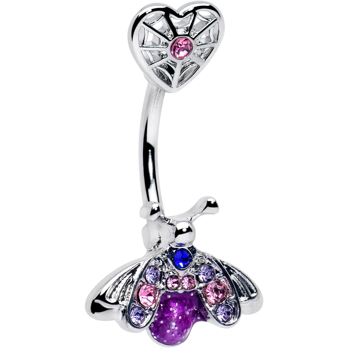 Pink Purple Gem Spiderweb Heart Love Insect Double Mount Belly Ring
