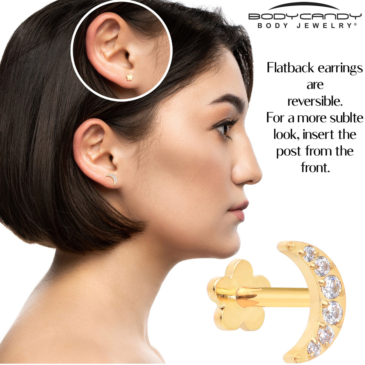 Titanium Flat Back Earring Gem Crescent Moon - 18G Threadless Reversible