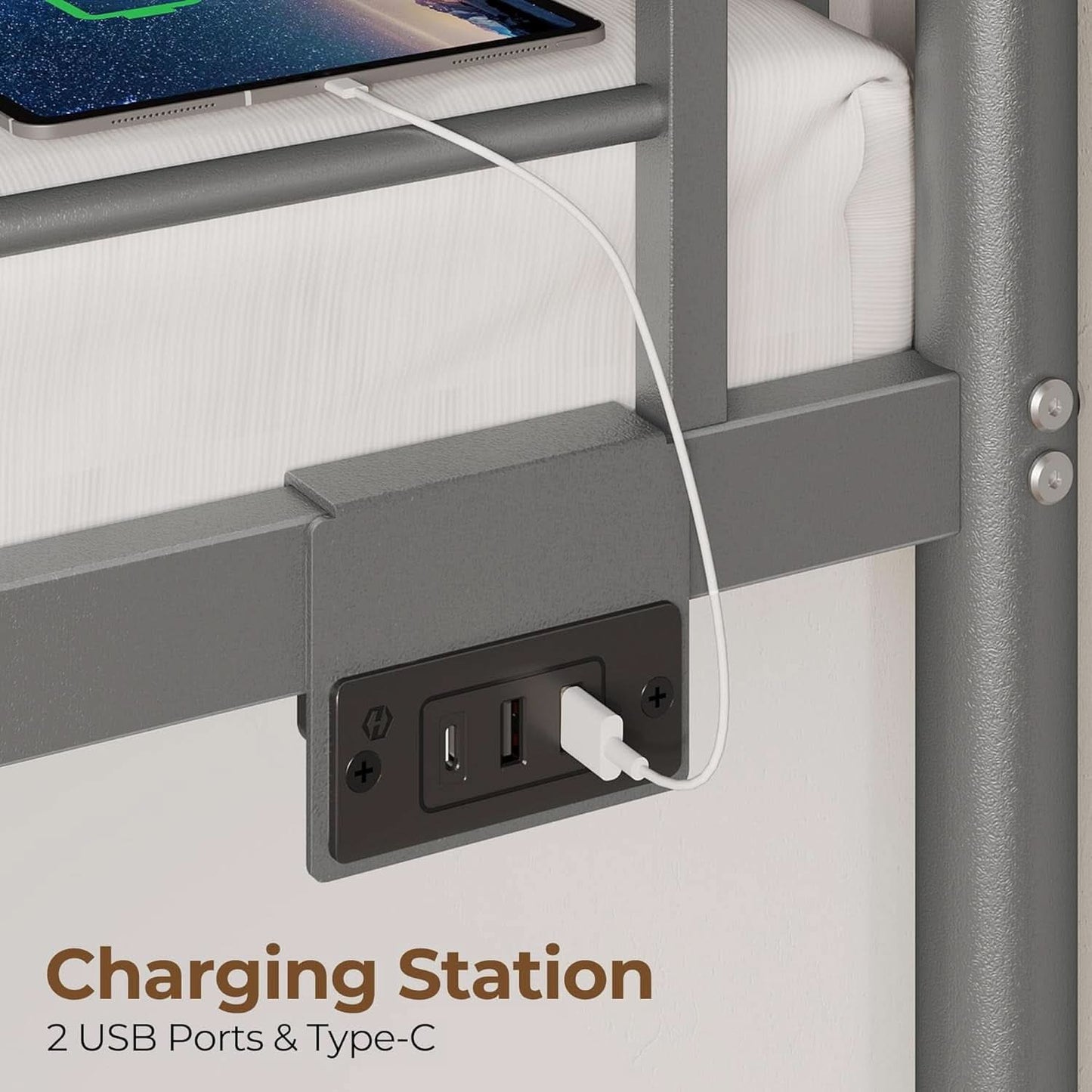 Grey Metal Twin Bunk Bed With USB Charging And Drawers