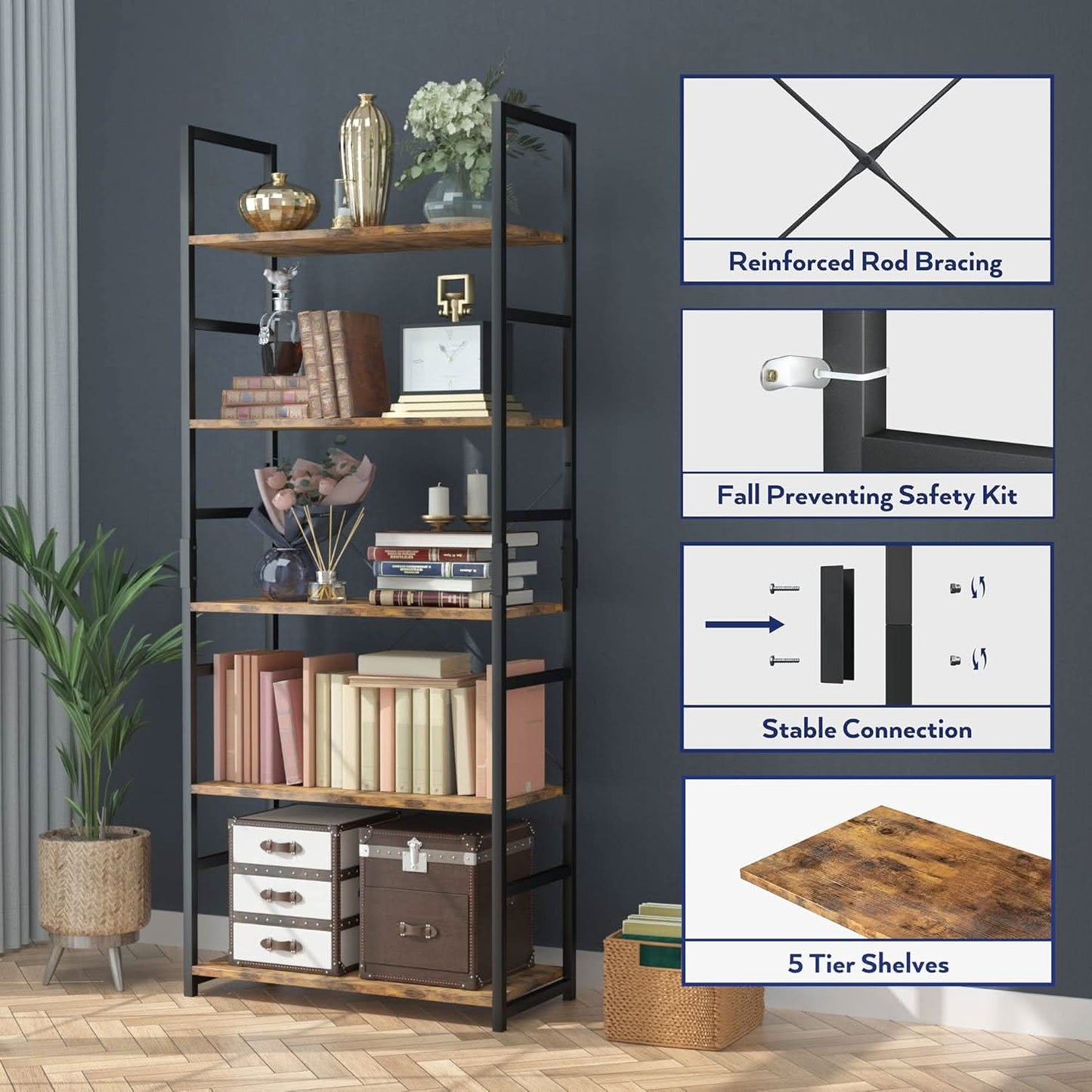 Tall 5 Shelf Vintage Bookcase With Metal Frame Storage