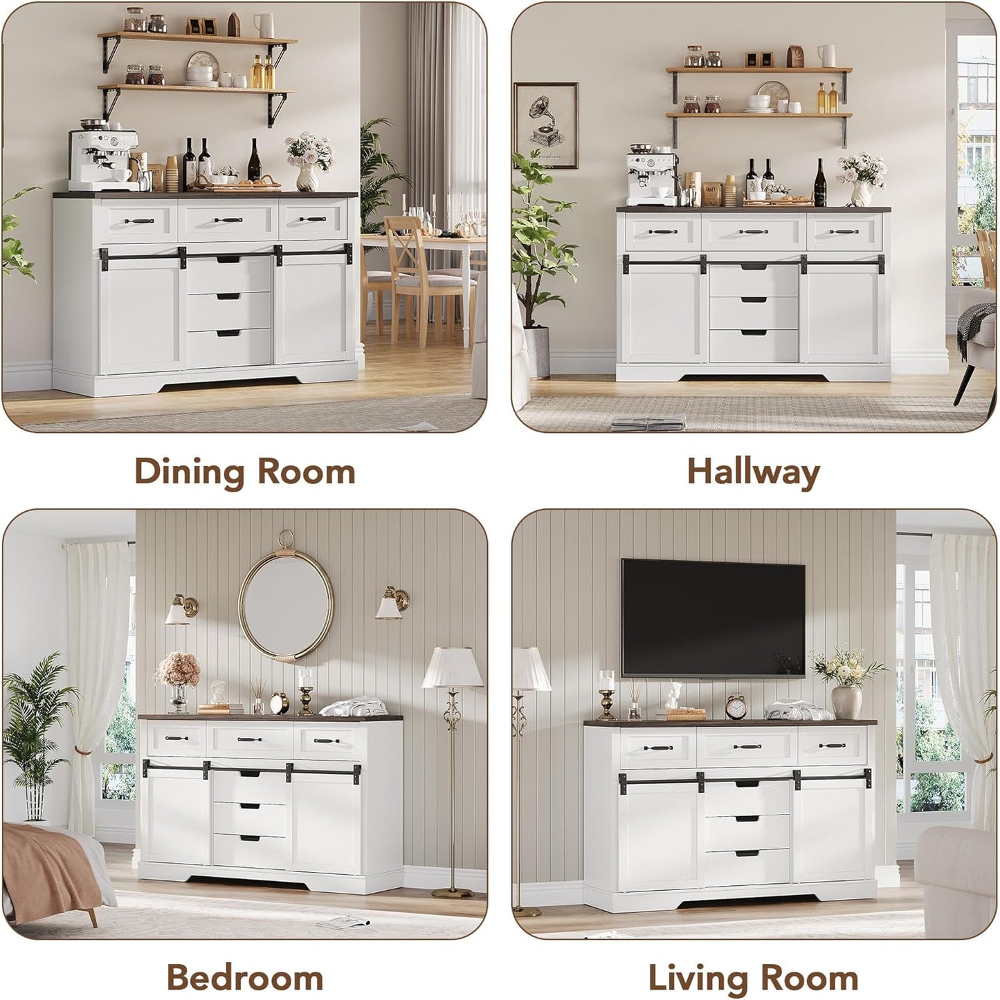 GAOMON Farmhouse 6 Drawers Dresser for Bedroom with Sliding Barn Doors, Wood Dressers & Chest of Drawers, Rustic Dressers TV Stand, Dresser Organizer for Bedroom, Living Room, White
