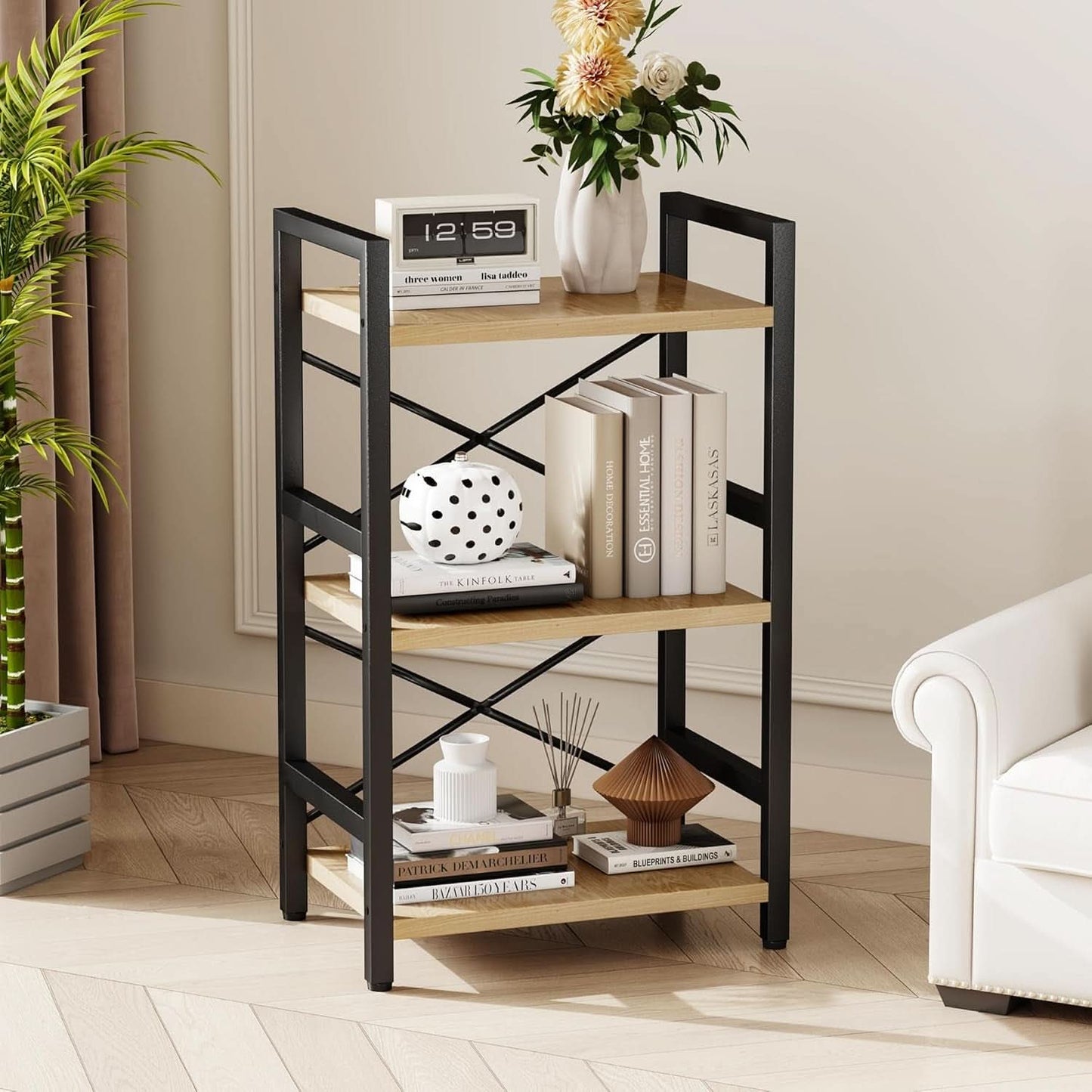 3 Tier Industrial Metal Bookcase Rustic Etagere Shelf Light Coffee