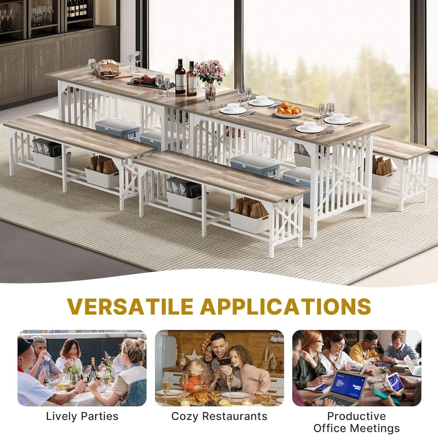 Sixty Three Inch Washed Grey Industrial Style Storage Dining Table