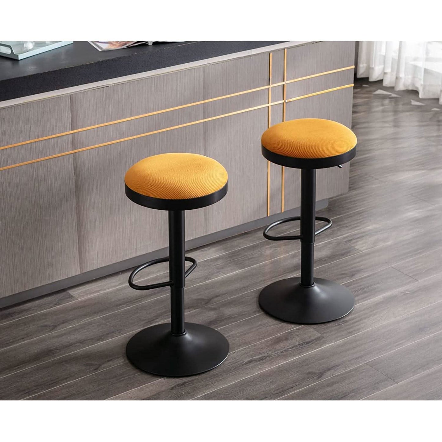 Yellow Fabric Swivel Bar Stool Set Of 2 Height Adjustable