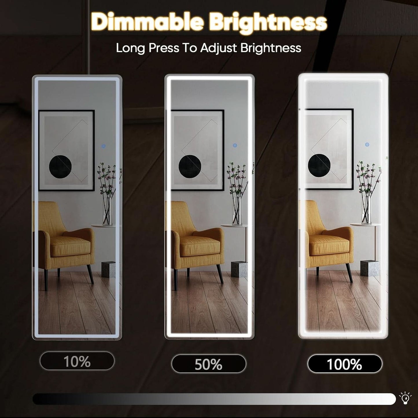 LED 20x63 Full Length Mirror With 3 Color Lights For Bedroom