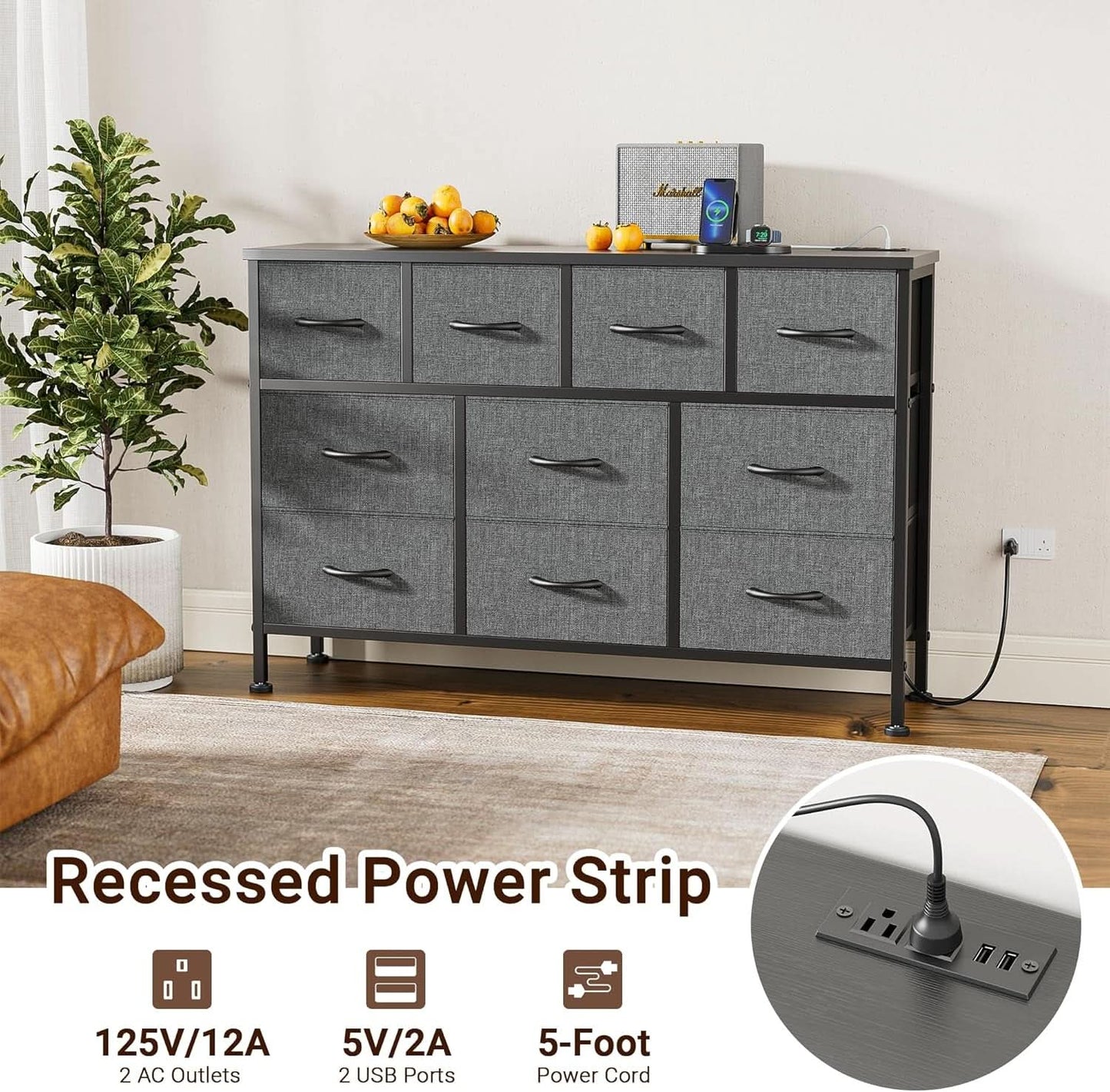Grey 10 Drawer Dresser TV Stand With Power Outlets